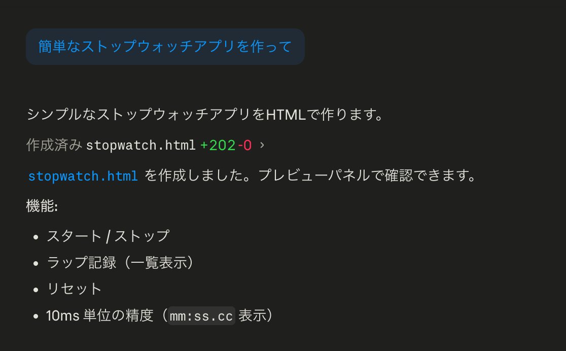 Code がストップウォッチアプリを作成した直後の応答画面。「作成済み stopwatch.html +202 -0」が見える